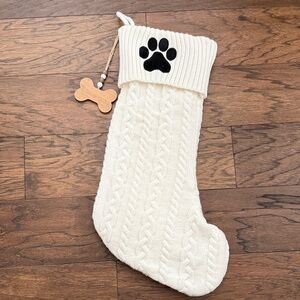 Ivory White Cream Knit Dog Stocking with Paw Print
